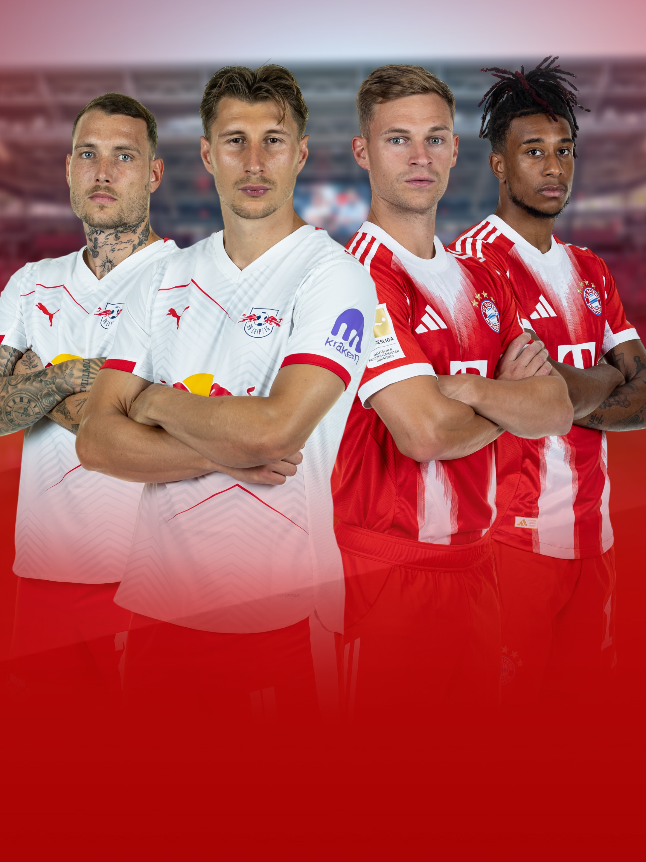 Jeweils zwei Spieler von RB Leipzig und  Bayern München